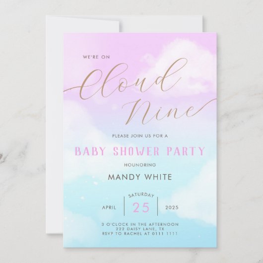 Roze lucht Cloud Nine Baby Shower Uitnodiging (Voorkant)