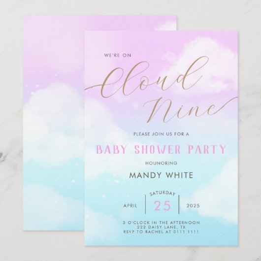Roze lucht Cloud Nine Baby Shower Uitnodiging (Voorkant / Achterkant)