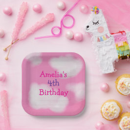 Roze lucht en pluizige wolken Verjaardag Papieren Bordje