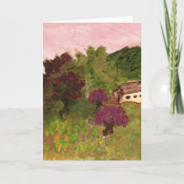 Roze lucht, landschap, huis, briefkaart (Afbeeldin