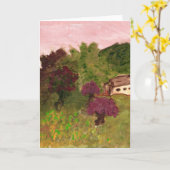 Roze lucht, landschap, huis, briefkaart (Afbeeldin (Gele Bloem)