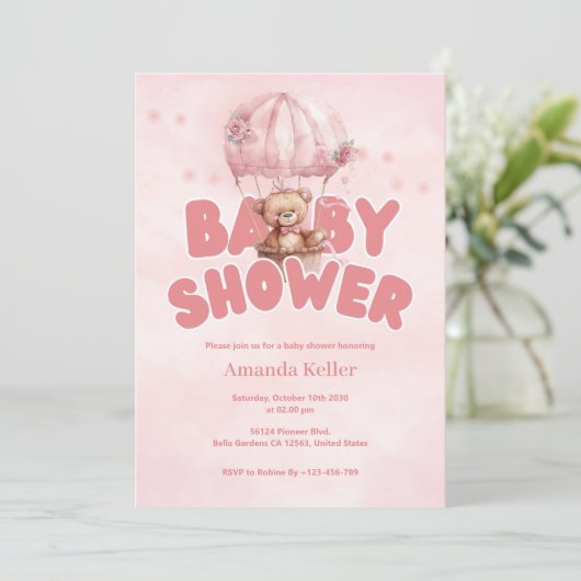 Roze Luchtballon Beer Baby shower Uitnodiging (Staand voorkant)