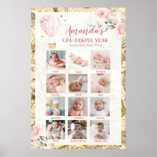 Roze Luchtballon Eerste Jaar Fotocollage Post Poster