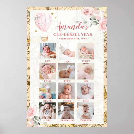 Roze Luchtballon Eerste Jaar Fotocollage Post Poster (Voorkant)
