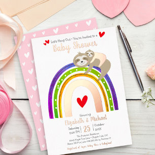 Roze Luiaard Regenboog Meisje Baby Shower Echt Ros Folie Uitnodiging