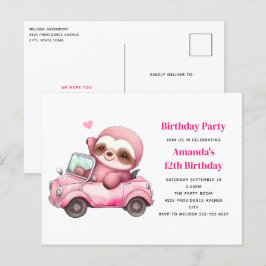 Roze luiaard rijden een cabriolet verjaardagsfeest briefkaart