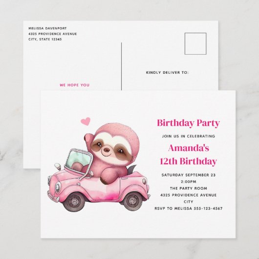 Roze luiaard rijden een cabriolet verjaardagsfeest briefkaart (Voorkant / Achterkant)