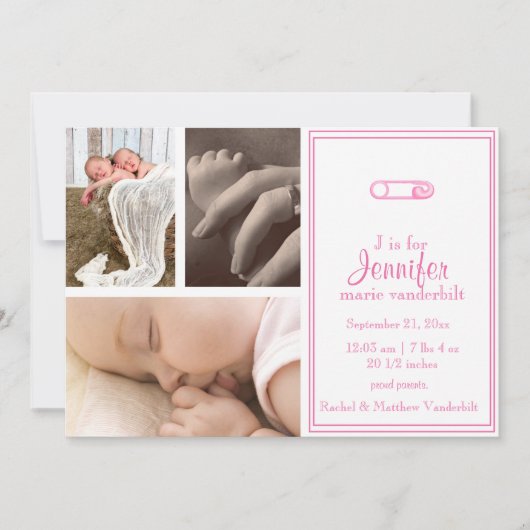Roze Luier Pin Baby Foto aankondiging (Voorkant)