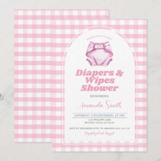 Roze luiers en doekjes Baby shower Blush Gingham Kaart (Voorkant / Achterkant)