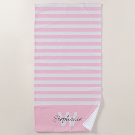 Roze luifel streep met personalisatie strandlaken (Voorkant)