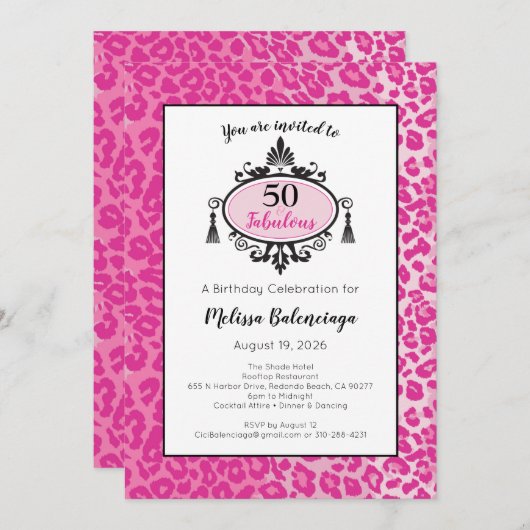 Roze luipaard 50 en een fijne 50e verjaardag kaart (Voorkant / Achterkant)