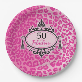Roze luipaard 50 en Fabulous 50th Birthday Papieren Bordje