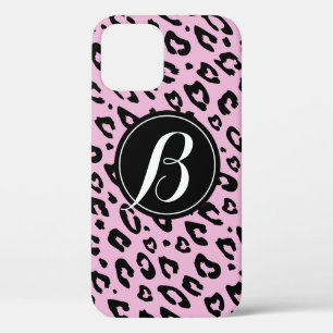 Roze luipaard afdruk iPhone 12 hoesje met monogram
