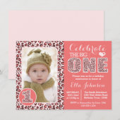 Roze luipaard Afdrukken Eerste verjaardag Uitnodig Kaart (Voorkant / Achterkant)