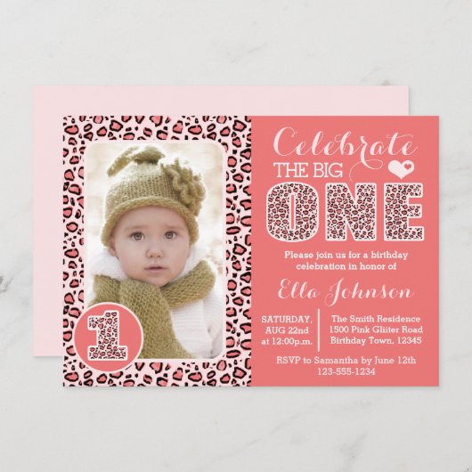 Roze luipaard Afdrukken Eerste verjaardag Uitnodig Kaart (Voorkant / Achterkant)