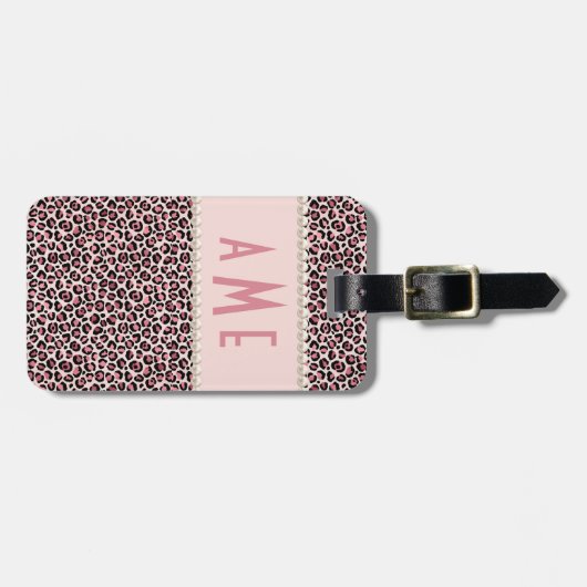 Roze luipaard afdrukken met parels monogrammen bagagelabel (Voorkant horizontaal)