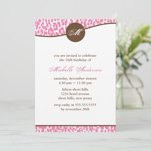 Roze luipaard Afdrukmonogram Birthday Kaart (Staand voorkant)
