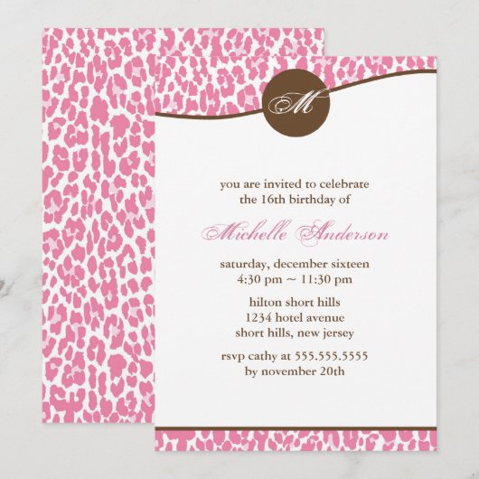 Roze luipaard Afdrukmonogram Birthday Kaart (Voorkant / Achterkant)