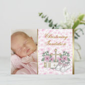 Roze Luipaard Baby Meisje Foto Doop Kaart (Staand voorkant)