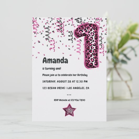 Roze Luipaard Ballon 1e Kerstdag Uitnodiging (Staand voorkant)