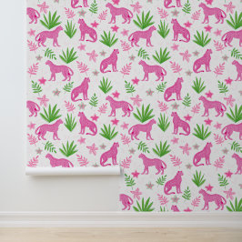 Roze Luipaard Bloem- en Groene Patroon Wit Behang