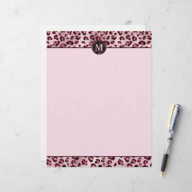 Roze Luipaard Dierprint Met Nep Folie Monogram Briefhoofd (Voorkant / Achterkant in situ)