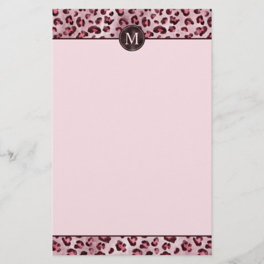 Roze Luipaard Dierprint Met Nep Folie Monogram Briefpapier (Voorkant)