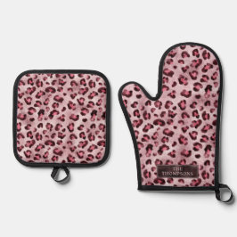 Roze Luipaard Dierprint Met Nepfolie En Naam Ovenwant & Pannenlap Set