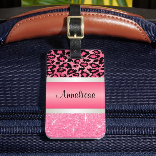 Roze luipaard en Glittery Print Bagagelabel (Voorkant Insitu 2)