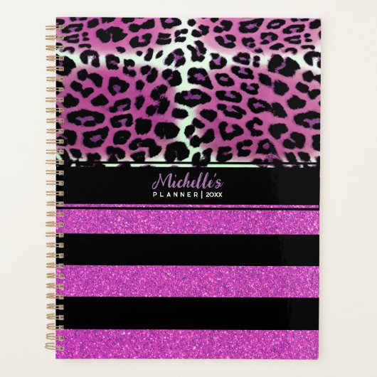 Roze luipaard en zwarte roze strips op maat planner (Voorkant)
