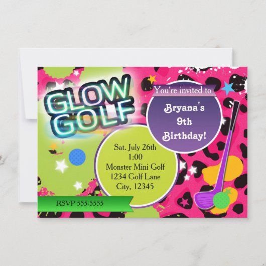 Roze Luipaard Glow Golf Golf Feest Uitnodigingen (Voorkant)