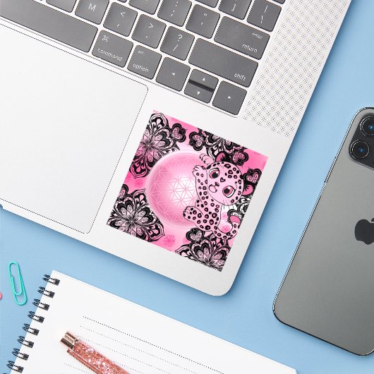 Roze Luipaard Harmonie bloem des levens Sticker (Laptop met iPhone)