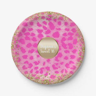 Roze Luipaard Jachtluipaard Print Gouden Glitters Papieren Bordje
