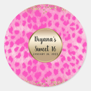 Roze Luipaard Jachtluipaard Print Gouden Glitters  Ronde Sticker