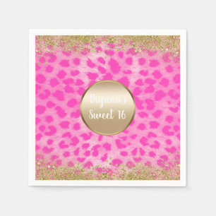 Roze Luipaard Jachtluipaard Print Gouden Glitters Servet