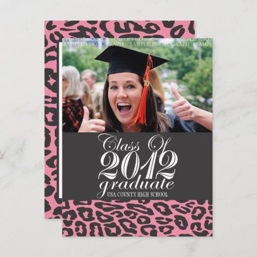 Roze luipaard klasse van 2012 Graduation Briefkaar Aankondigingskaart (Voorkant / Achterkant)