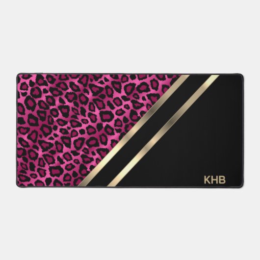 Roze Luipaard met Goud & Zwart - Monogram Bureaumat (Voorkant)