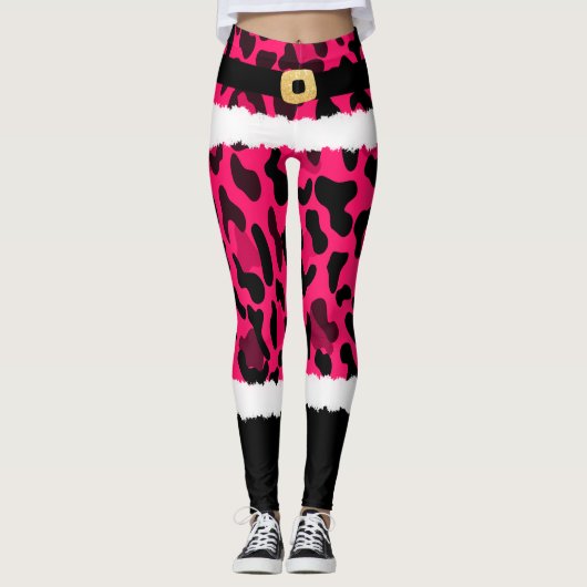 Roze Luipaard Print Kerstman Kostuum Kerstmis Leggings (Voorkant)