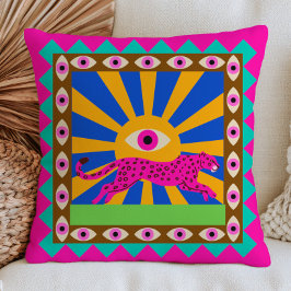Roze Luipaard Retro Gele Zonnestralen Funky Boze O Kussen