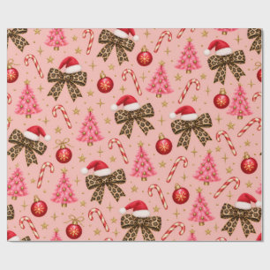 Roze Luipaard Strikken Kerst Patroon Cadeaupapier