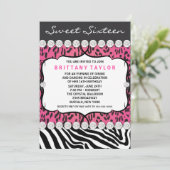 Roze Luipaard Zebra Sweet 16 Feest Kaart (Staand voorkant)