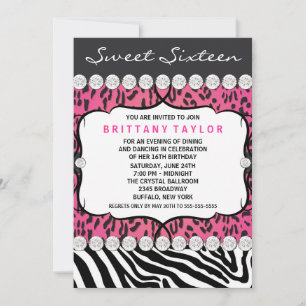 Roze Luipaard Zebra Sweet 16 Party Kaart