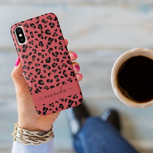 Roze Luipaardprint Bewerkbare Naam Dierenpatroon Case-Mate iPhone Case