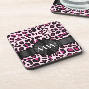 Roze luipaardprint en monogram drankjes onderzetter