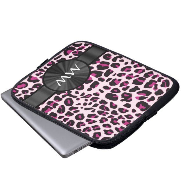 Roze luipaardprint en monogram laptop sleeve (Voorkant onderkant)