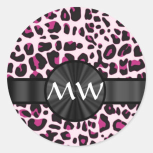 Roze luipaardprint en monogram ronde sticker