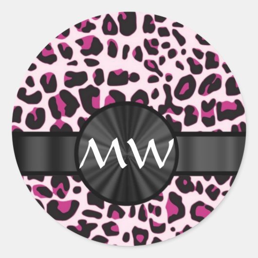 Roze luipaardprint en monogram ronde sticker (Voorkant)