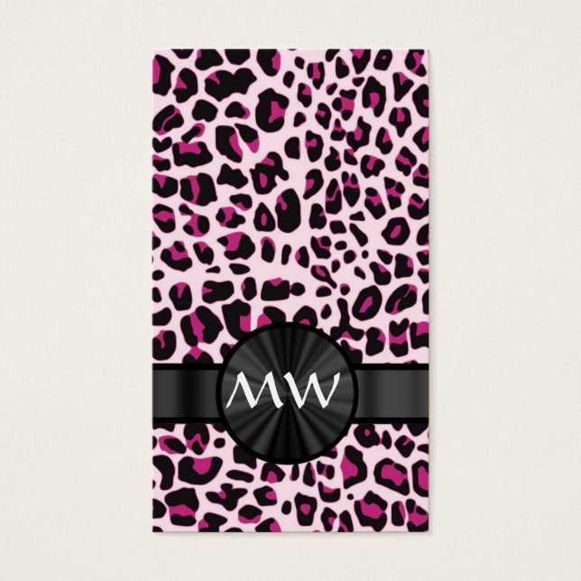 Roze luipaardprint en monogram visitekaartje (Voorkant)