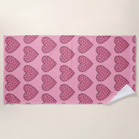 Roze Luipaardprint Harten Strandlaken (Voorkant)
