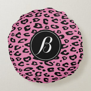 Roze luipaardprint monogram ronde kussensloop rond kussen